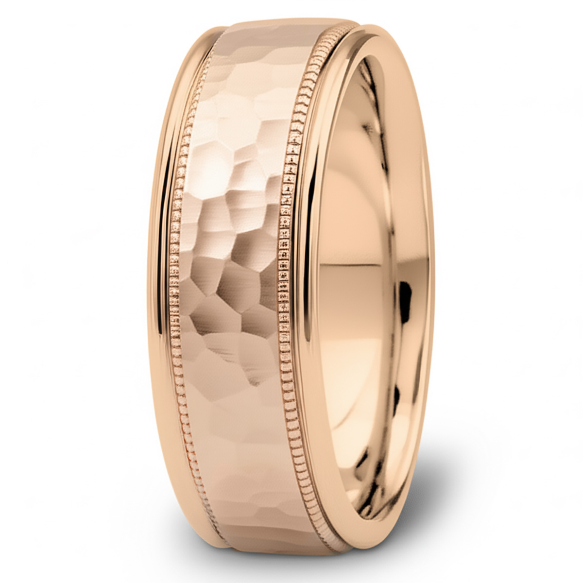 Hammered 14k Rose Pink Gold Wedding Band Textured Men's Ring