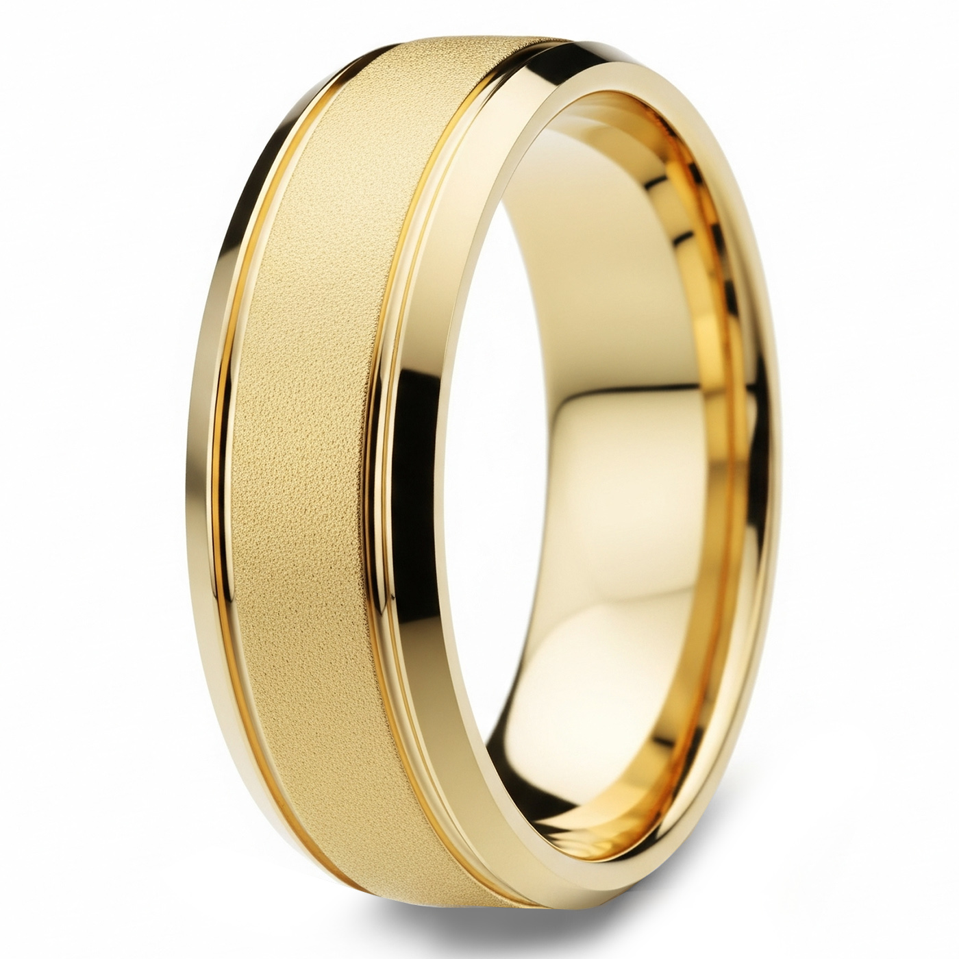 Beveled 14k Yellow Gold Wedding Band Matte Finished Men's Ring