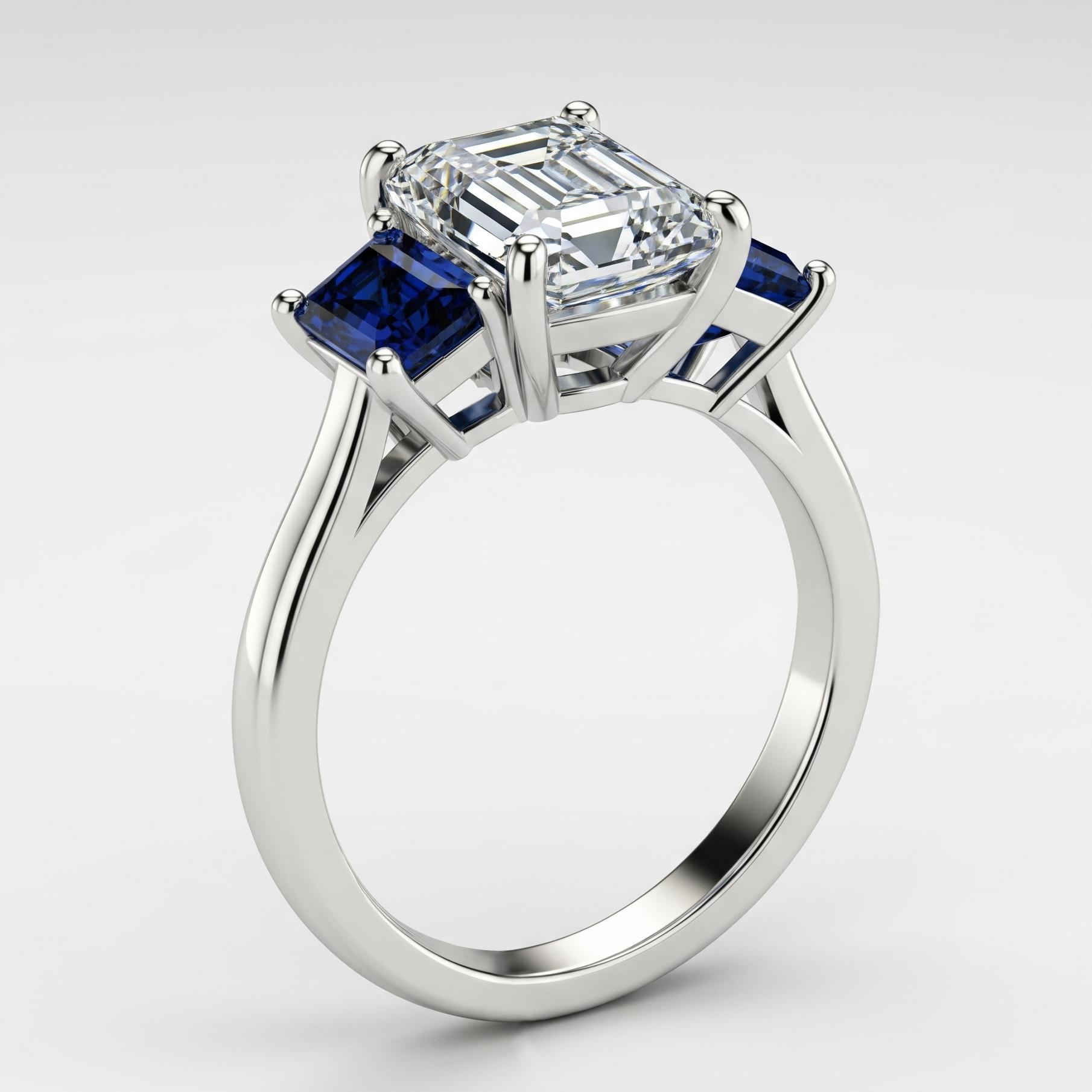 Emerald-Cut Lab Grown Diamond Sapphire 3-Stone Engagement Ring