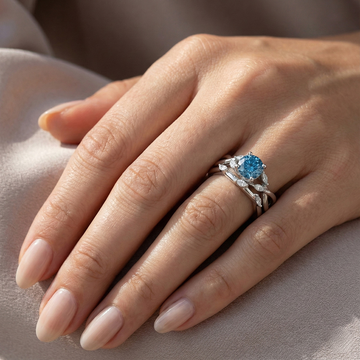 1.25ct Lab Grown Blue Diamond & 1/4ct Natural Diamond Engagement