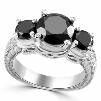 4.05 Carat Black Diamond 3 Stone Engagement Ring Vintage Style