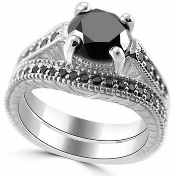 3.20 Carat Fancy-Black Diamond Antique Style Engagement Ring Set