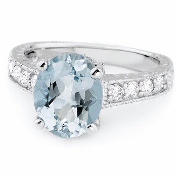 Oval Aquamarine & Diamond Engagement Ring Vintage Style