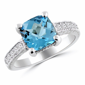 3.20ct Cushion Blue Topaz & Diamond Engagement Ring Vintage Style