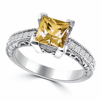 Princess-Cut Citrine & Diamond Engagement Ring Antique Style