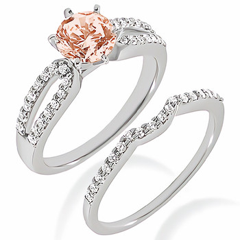 Peach Pink Morganite & Diamond Engagement Ring Set Split Shank