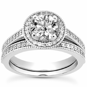 Diamond Halo Engagement & Wedding Milgrain Ring Set