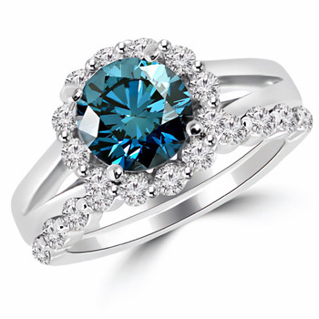 2.41ct VS1 Blue Diamond Halo Engagement and Wedding Ring Set