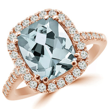 Cushion-Cut Blue Aquamarine & Diamond Halo Ring in 14k Rose Gold