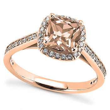 Petite Peach Morganite Diamond Halo Engagement Ring 14k Rose Gold