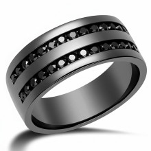 9mm Wide 2 Row Men's Black Diamond Wedding Band Channel Ring