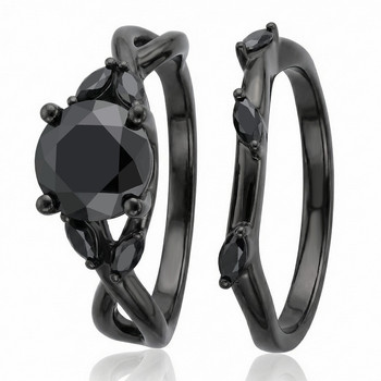 Matching Nature-Inspired Black Diamond Engagement & Wedding Ring Set