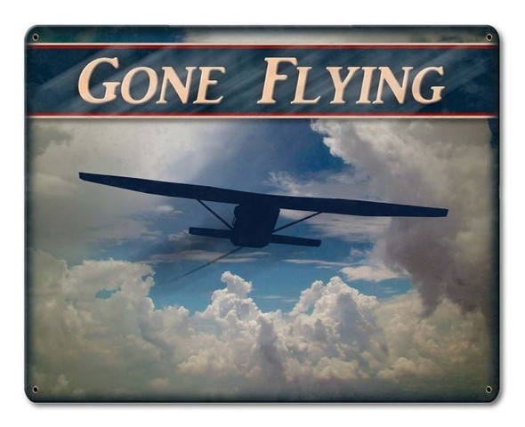Gone Flying w/Airplane in Clouds Metal Sign: SIGN-GF-AP
