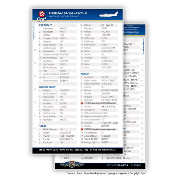 Qref Piper Arrow III Checklist Card PA-ARR3-2