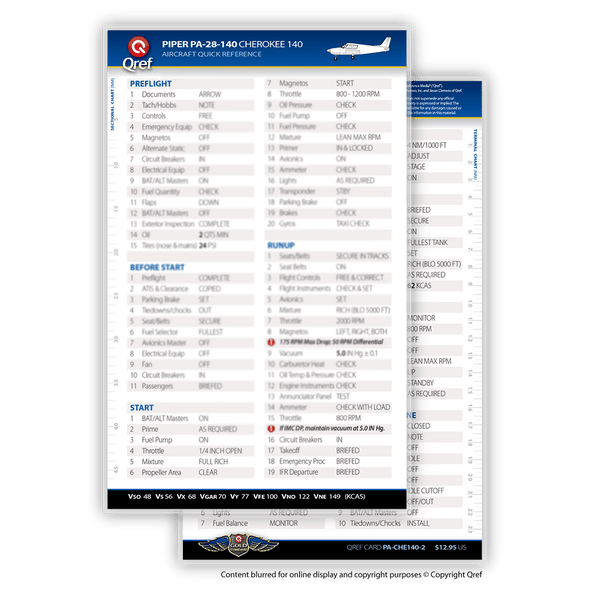 Qref Piper Cherokee 140 Checklist Card
PA-CHE140-2
SkySupplyUSA.com