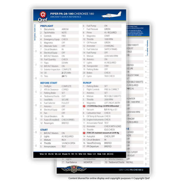 Qref Piper Cherokee 180 Checklist Card PA-CHE180-2