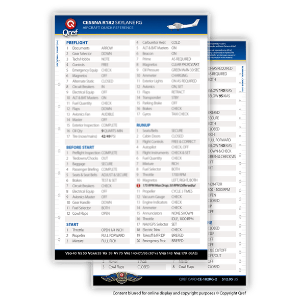 Qref Cessna 182RG Skylane Checklist Card 
CE-182RG-2
SkySupplyUSA.com