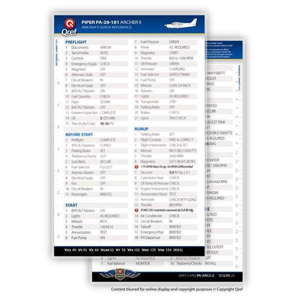 Qref Piper PA-28-181 Archer II Checklist Card PA-ARC2-2