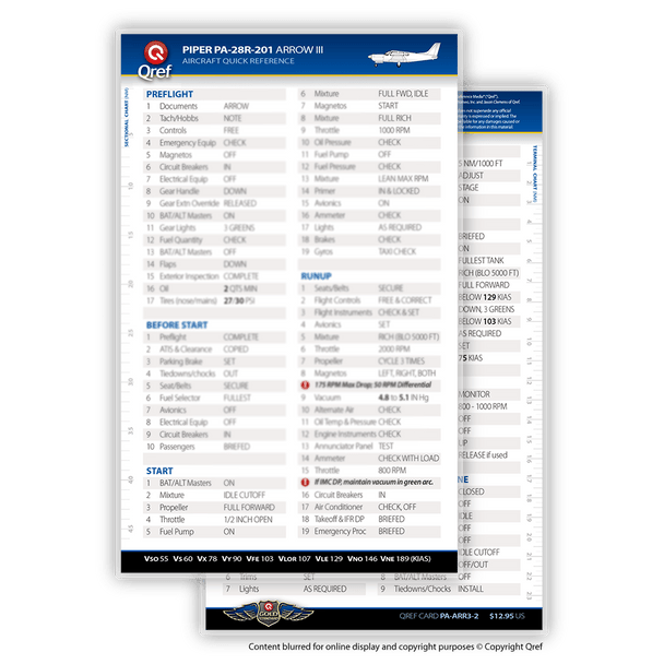 Qref Piper Arrow III Checklist Card
PA-ARR3-2
SkySupplyUSA.com