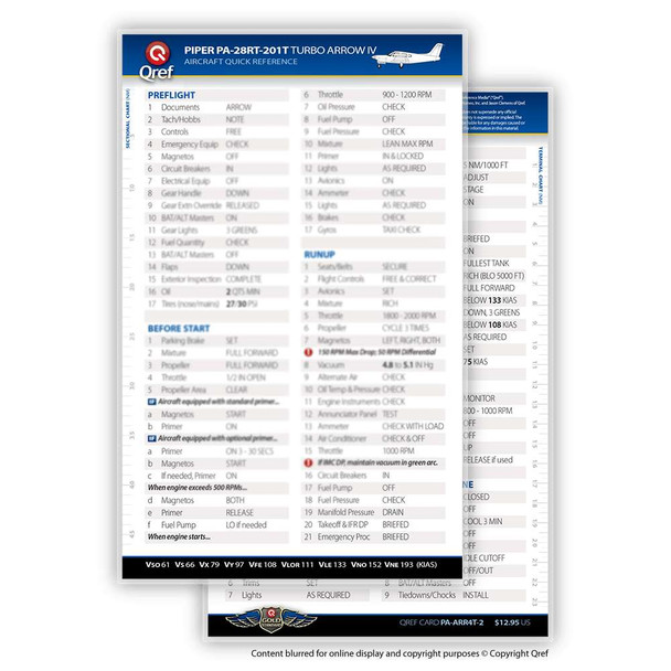 Qref Piper Arrow IV Turbo Checklist Card PA-ARR4T-2