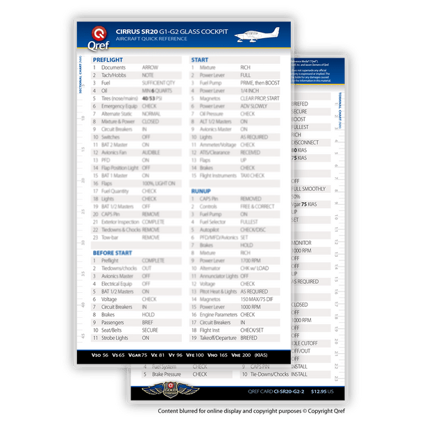 Qref Cirrus SR20 G1-G2 Checklist Card
CI-SR20-G2-2
SkySupplyUSA.com