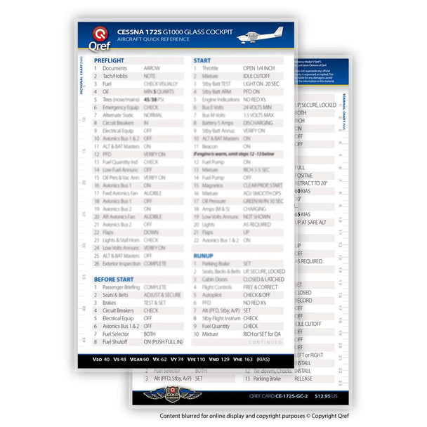 Qref Cessna 172S Skyhawk SP w/G1000 Checklist Card CE-172S-GC-2