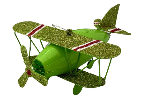 Green Glitter Plane w/Red Stripes Ornament redwstripesorn