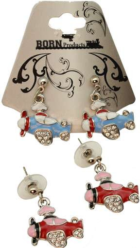 Enameled Crystal Airplane Earrings
