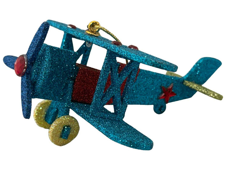Blue Glitter Bi-Plane Ornament