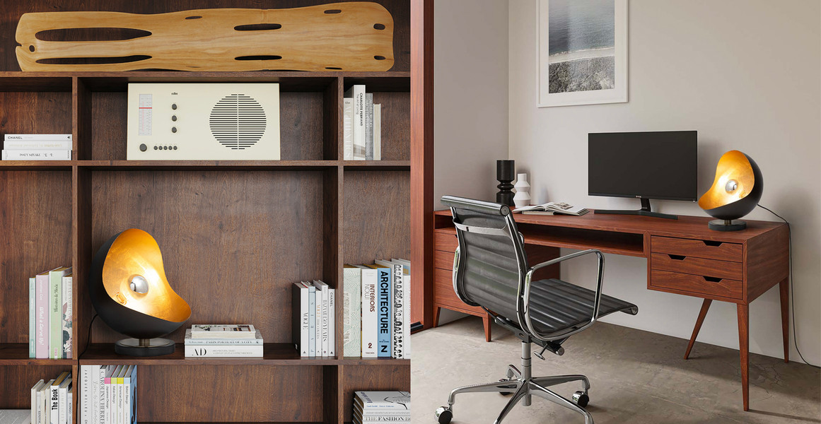 Luna Bella Accent Table Lamp - Black & Gold-leaf shade, Weathered Brass, Black Marble Base