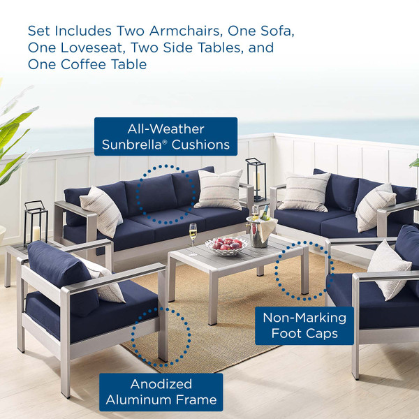 Shore Sunbrella Fabric Outdoor Patio Aluminum 7 Piece Set