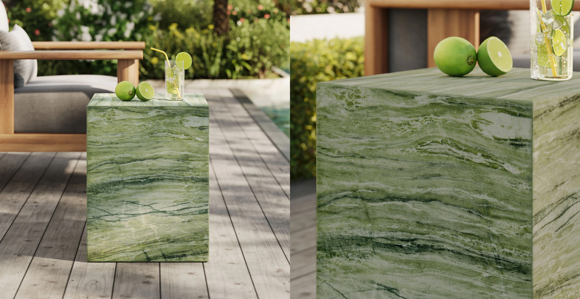 green concrete outdoor deck furniture table with lemons and lemonade