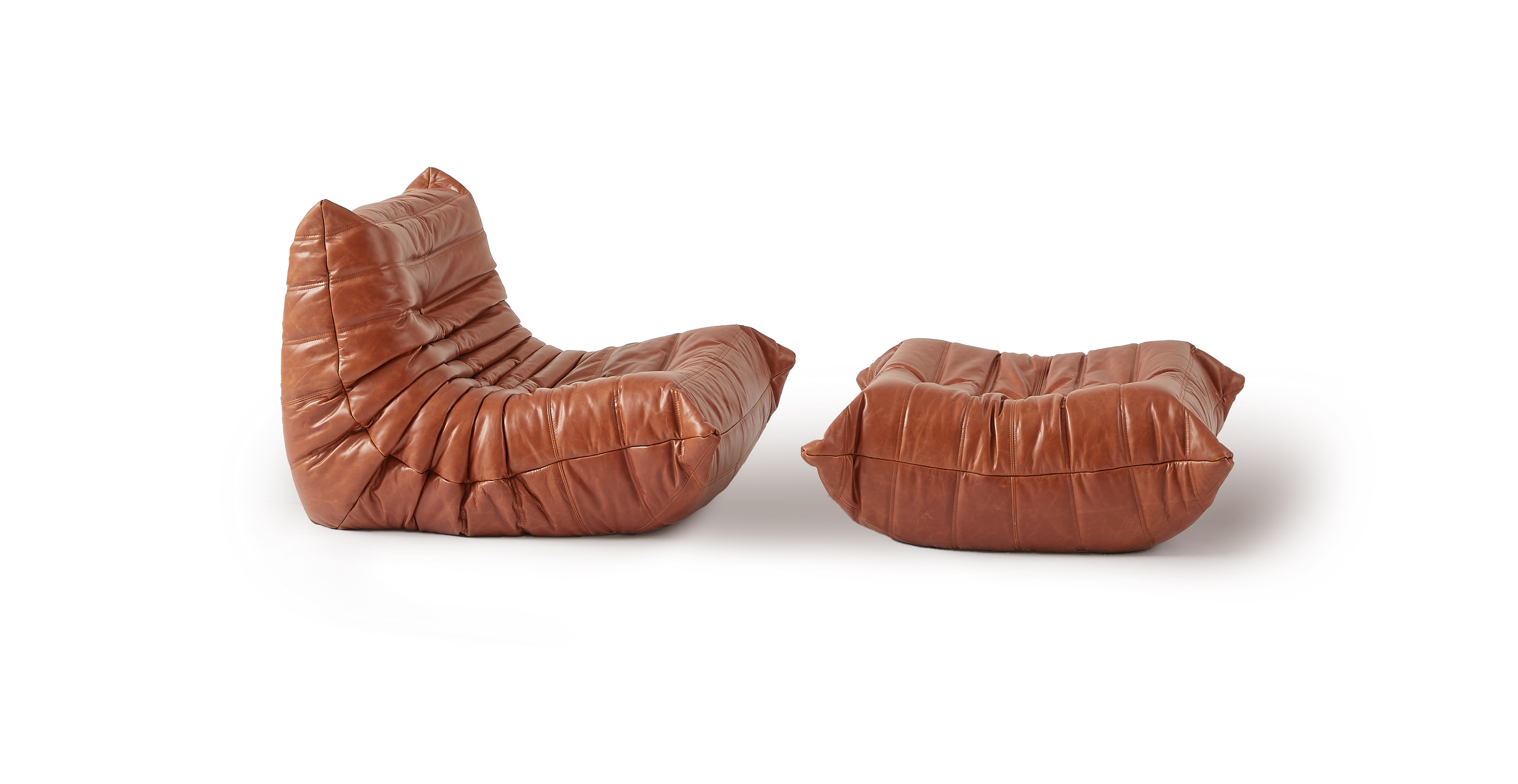 Mid Century Modern Michel Ducaroy Modular Leather Lounge Chair & Ottoman | Configuration A - Leather Antique Brown