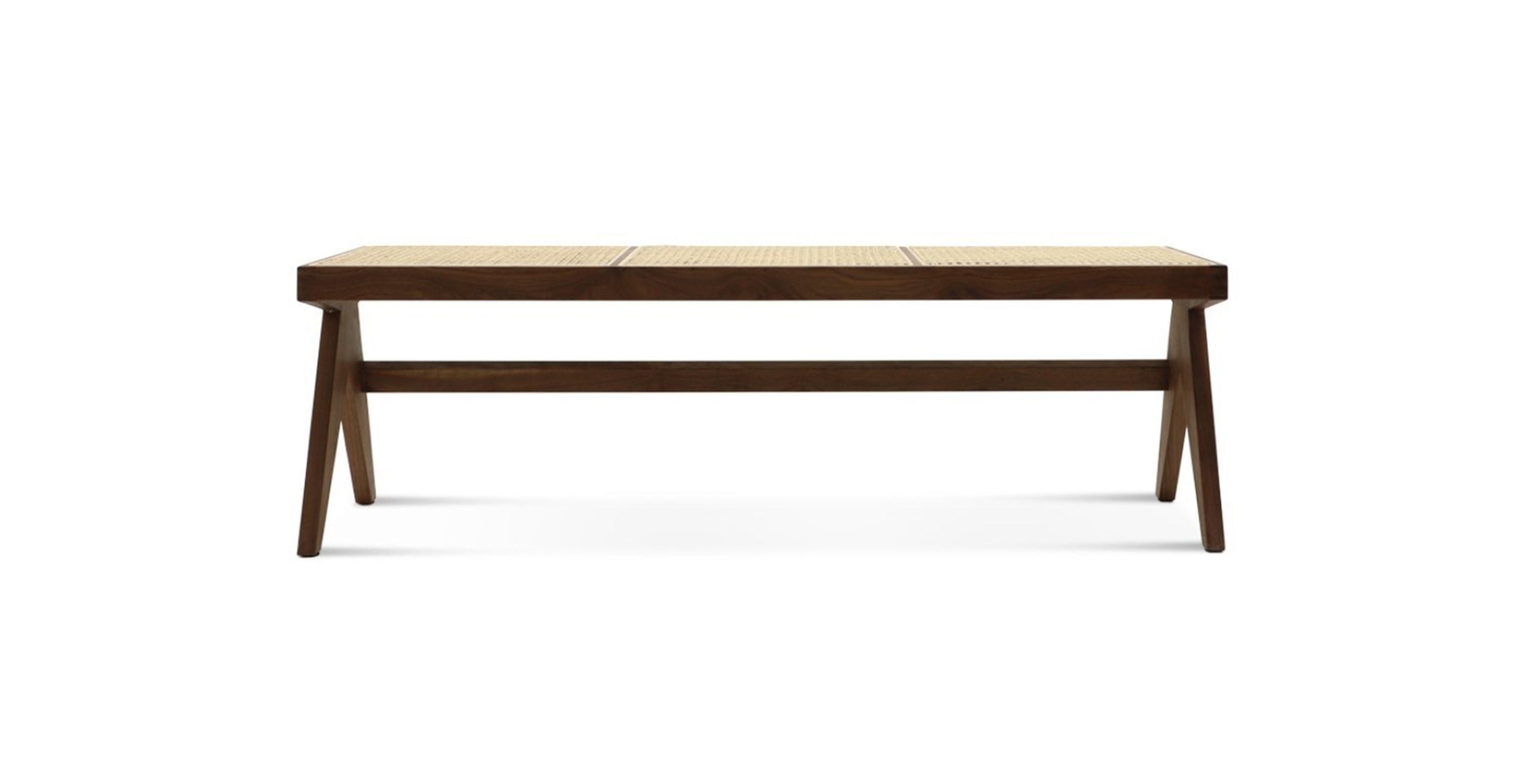 Premium Pierre Jeanneret Organic Rattan Teak Bench - Wood Walnut