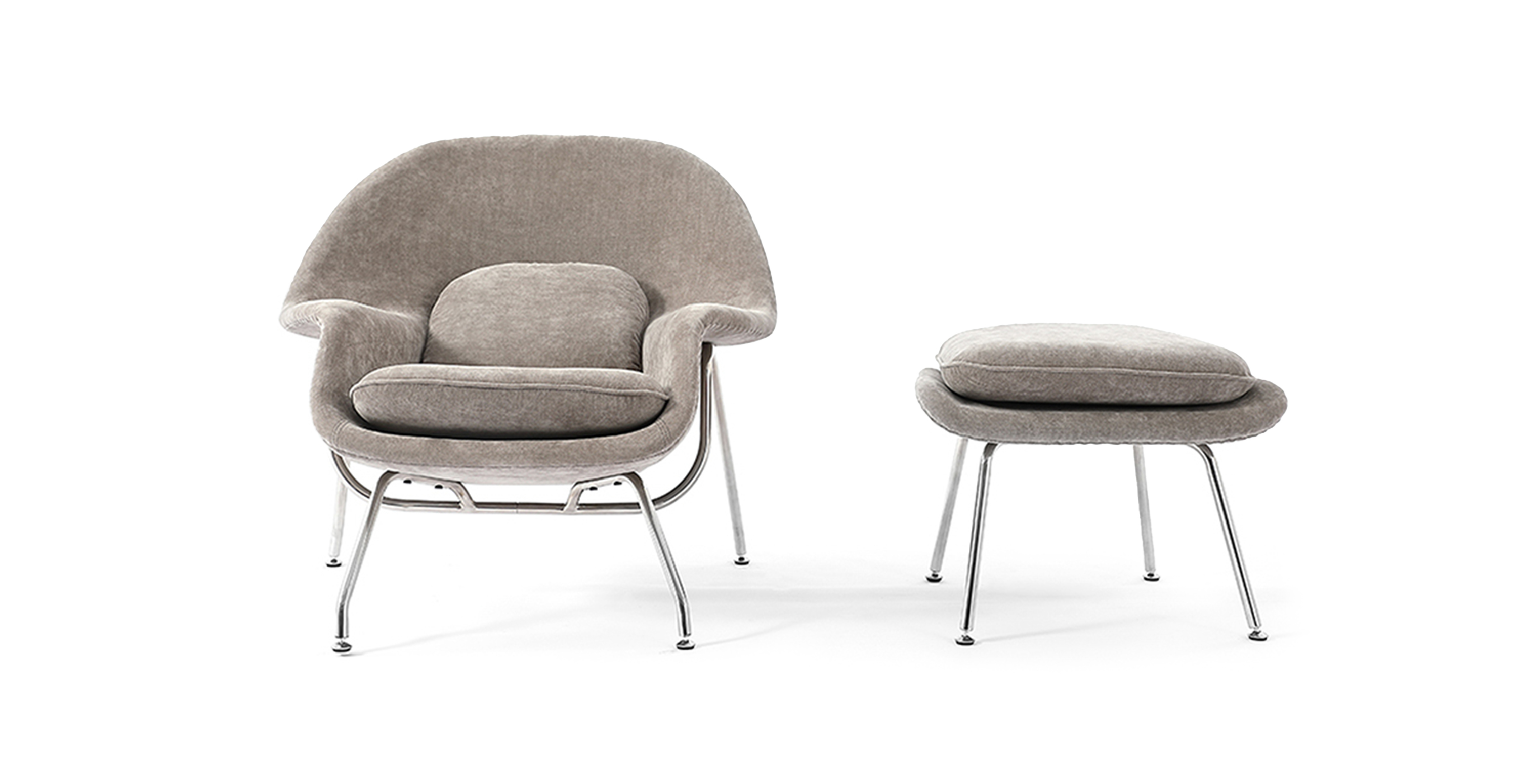 Womb Chair & Ottoman Chrome Legs -  Chenille Light Gray