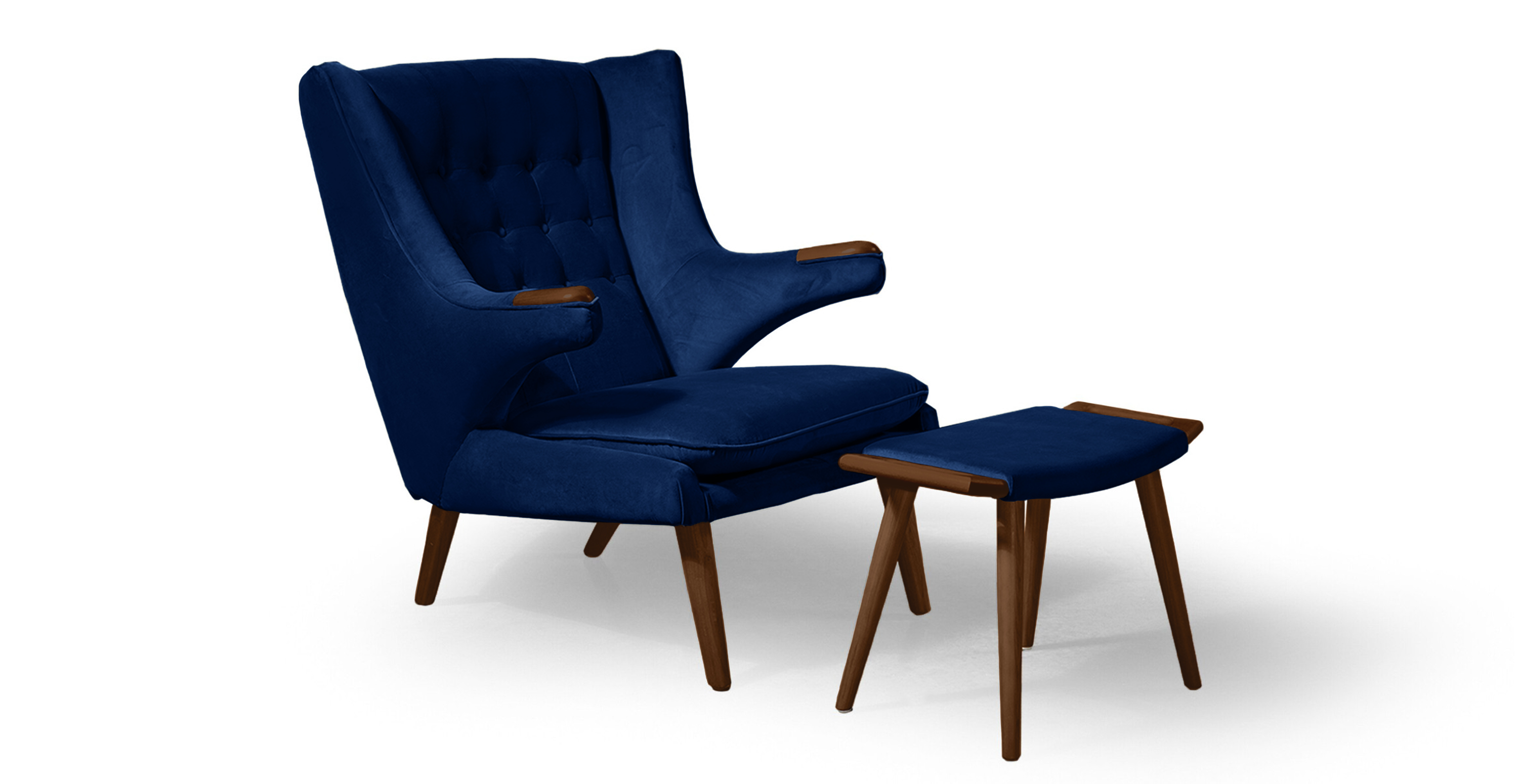 Mid Century Papa Bear Chair & Ottoman - Velvet Blue Velvet