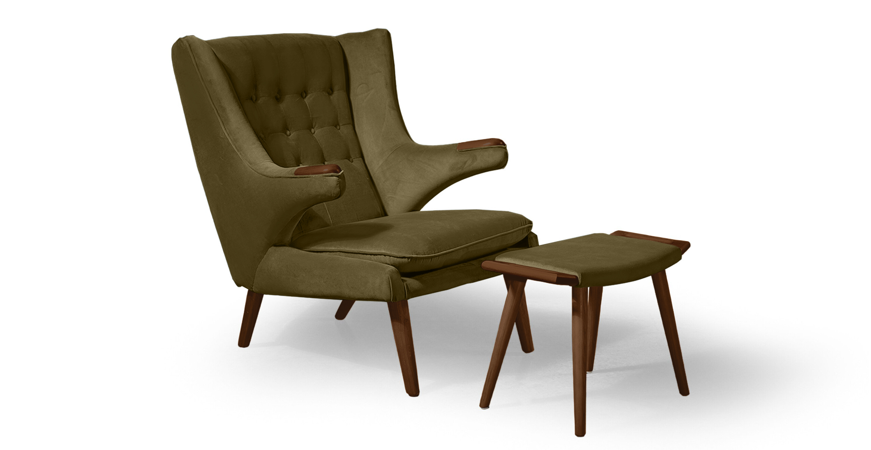 Papa Bear Chair & Ottoman - Walnut - Velvet Army Green Velvet