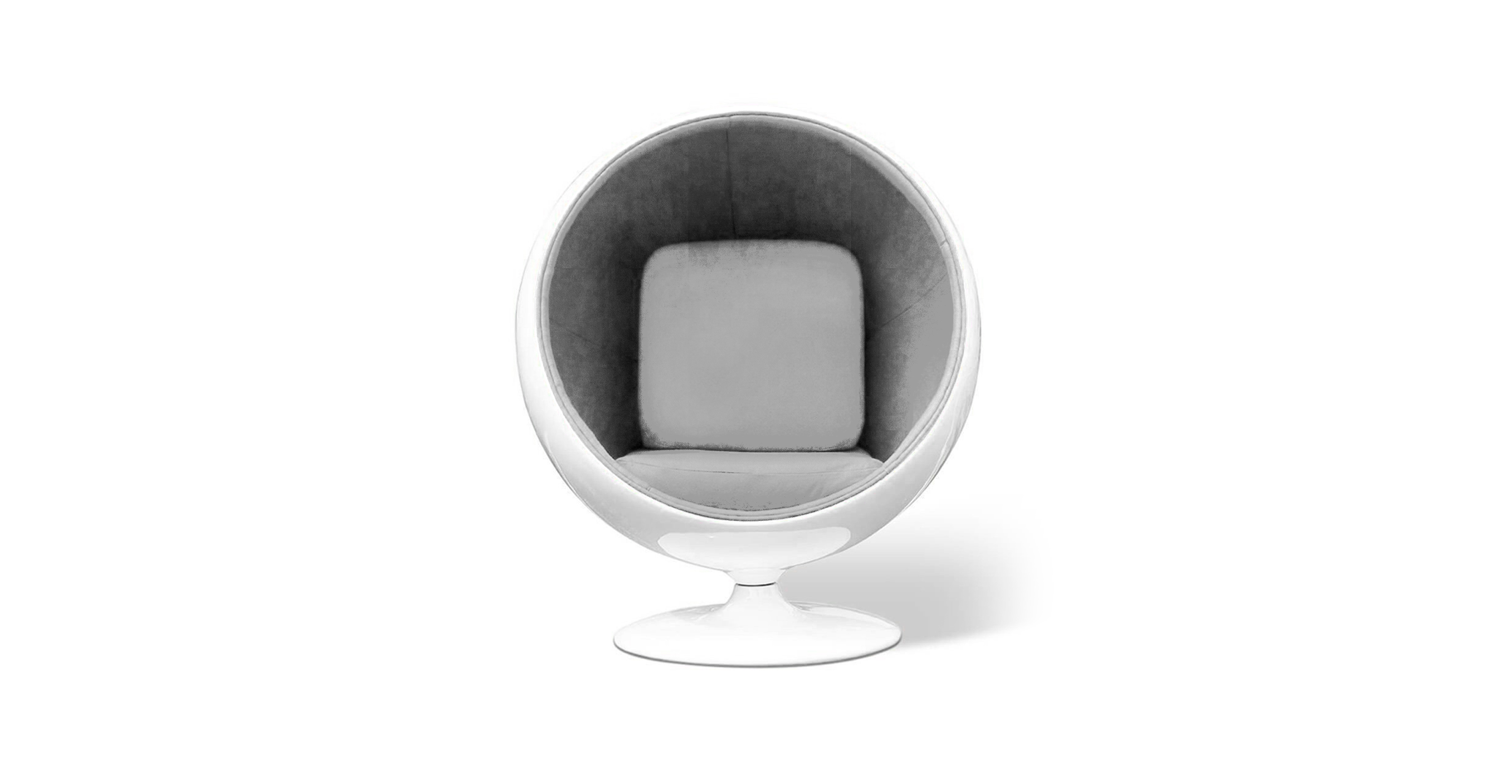 Mid Century Eero Aarnio Ball Chair - Glossy White Shell -  Chenille Light Gray