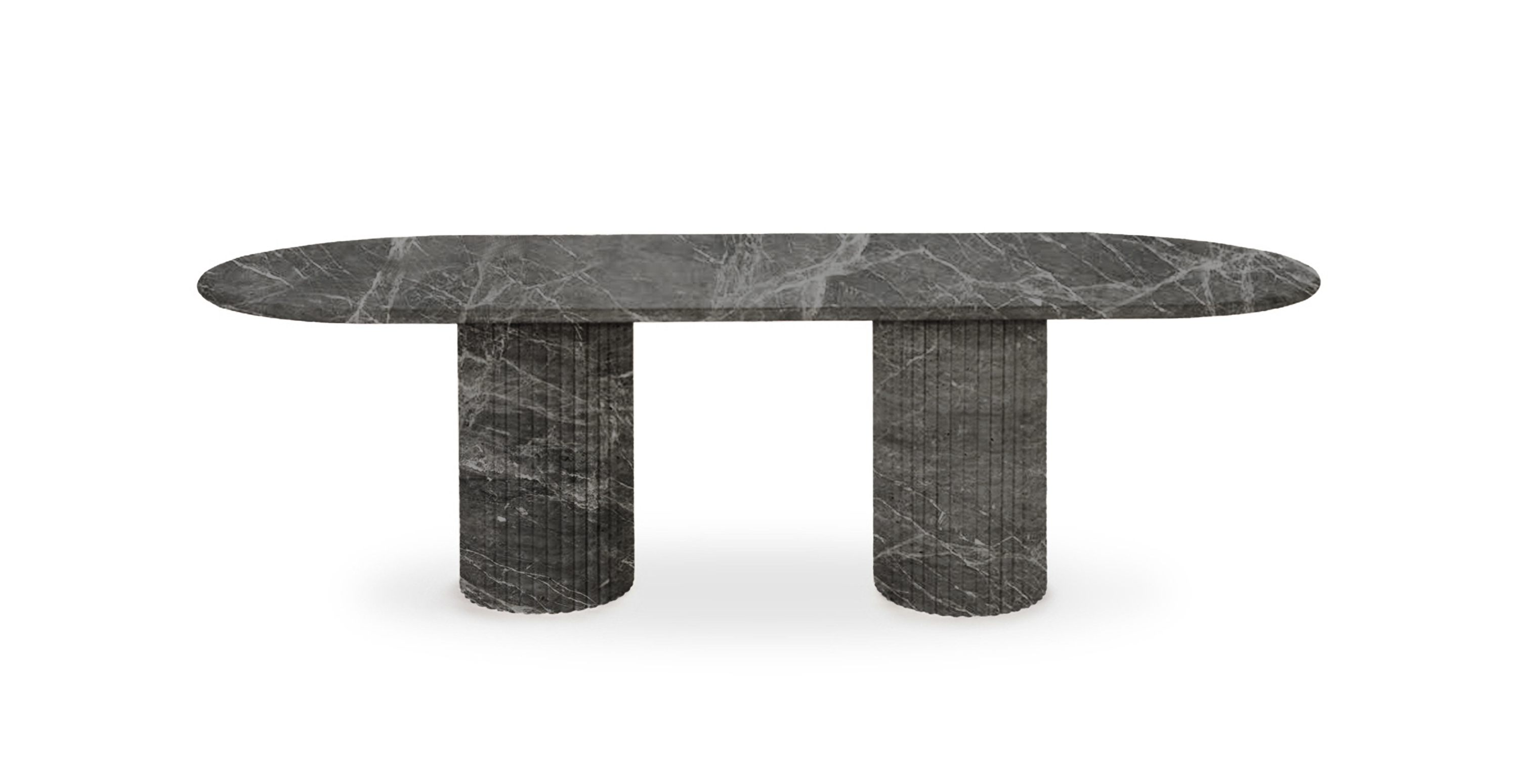 Colonna Modern Fluted Oval Travertine Dining Table - Dark Grey Marble Marble