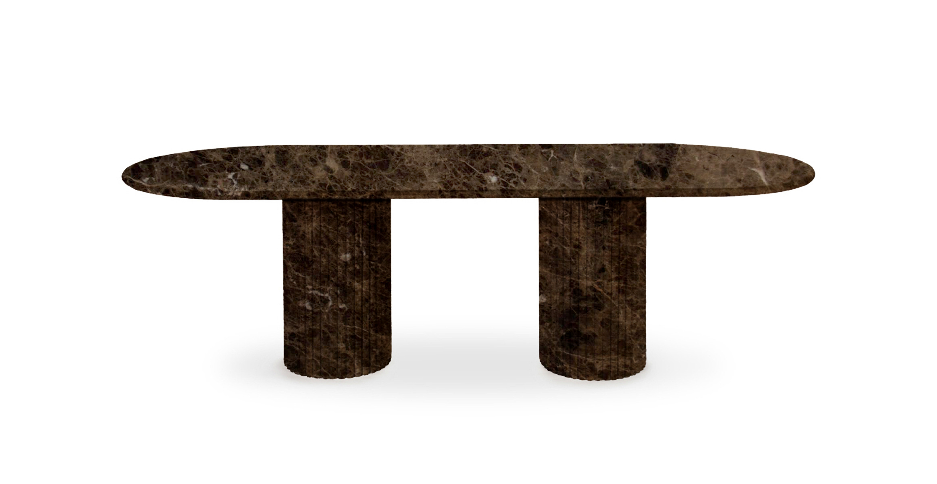 Colonna Fluted Oval Travertine Dining Table - Emperador Dark Marble Marble
