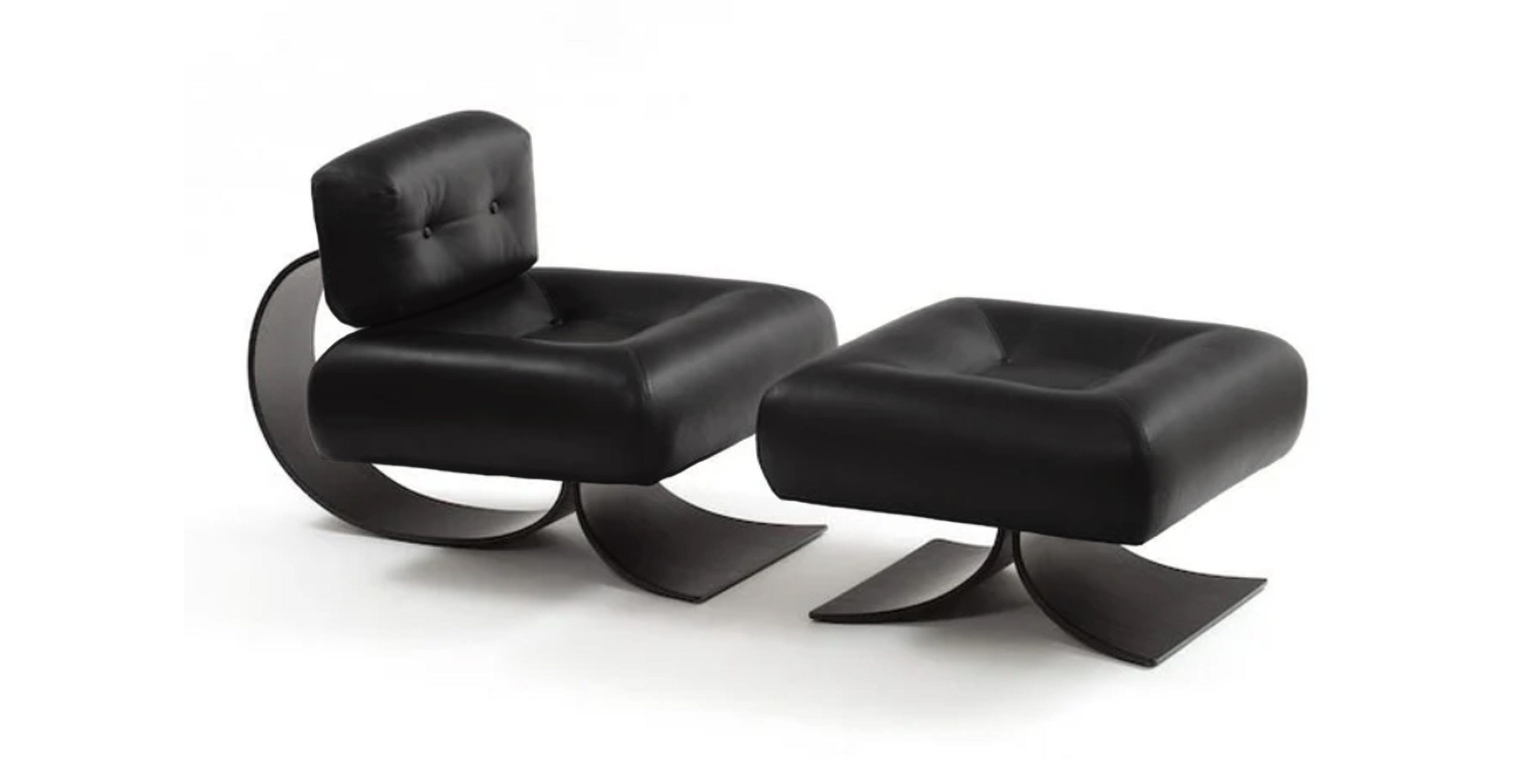 Niemeyer Alta Lounge Chair and Ottoman - Black Base - Leather Black Italian