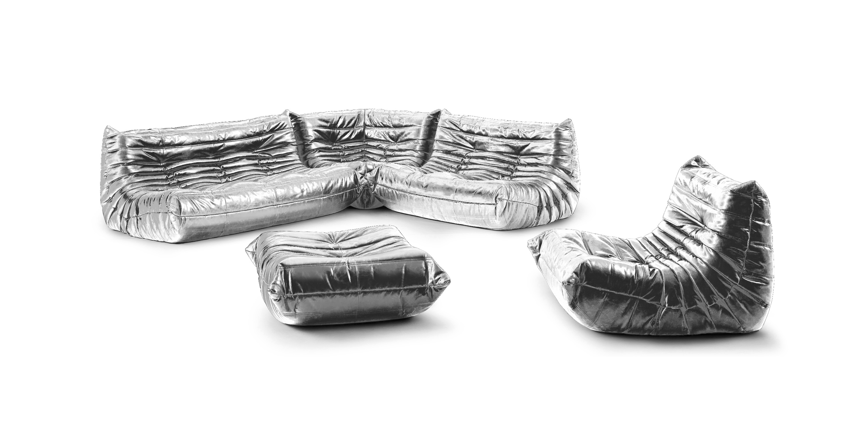 Michel Ducaroy Modular Fabric Sofa Set | Configuration E -  Chrome Metallic Silver