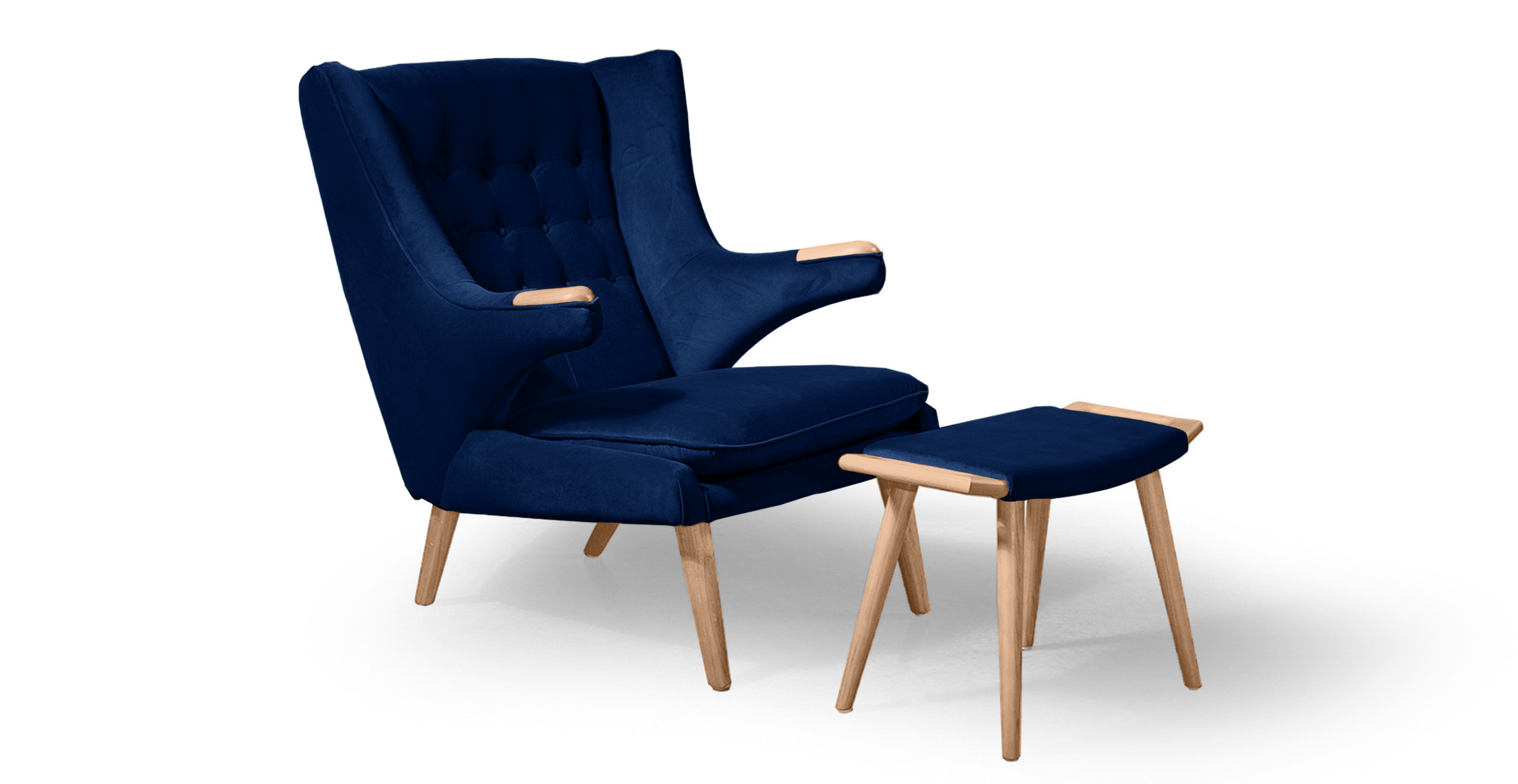 Papa Bear Chair & Ottoman - Natural - Velvet Blue Velvet