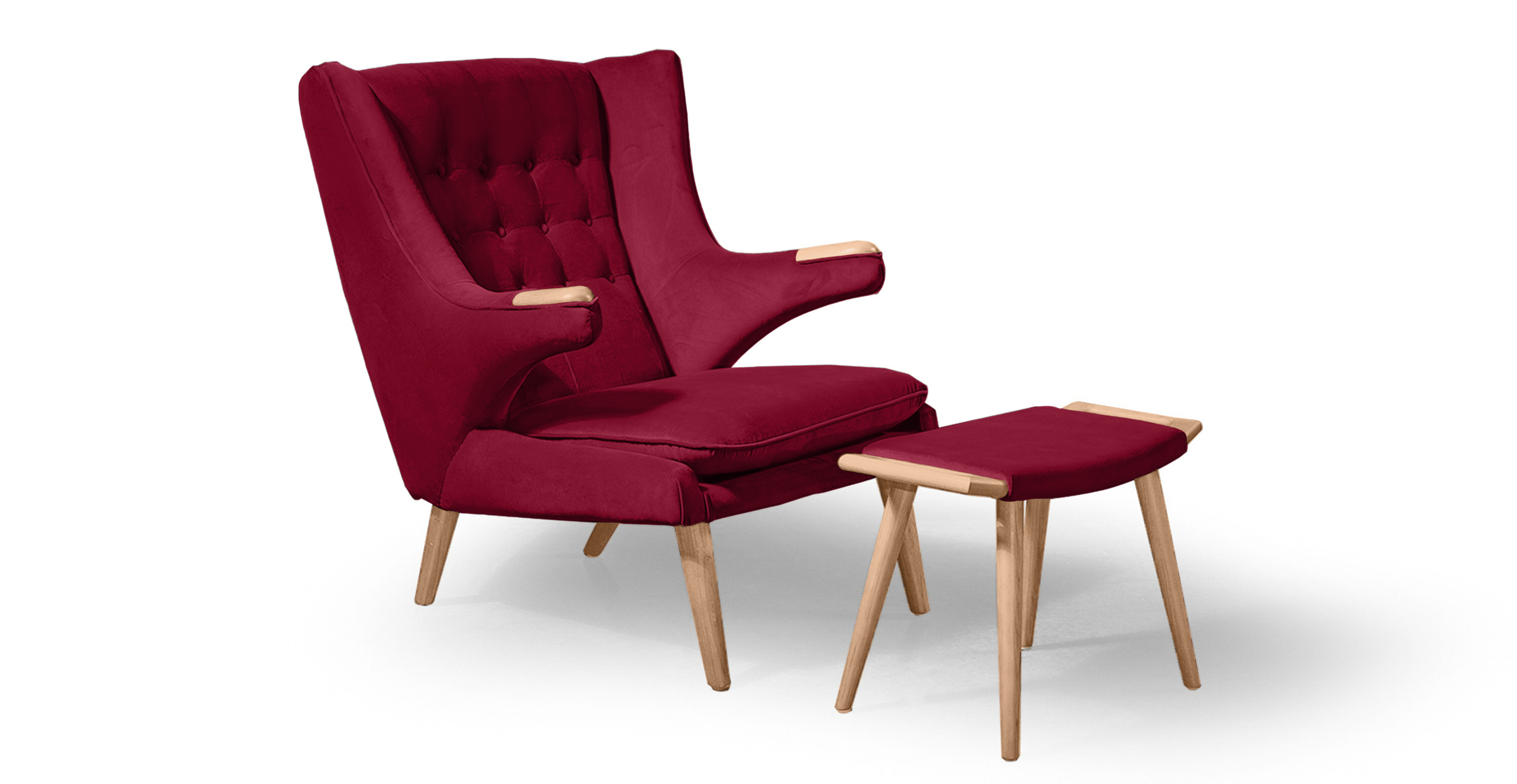 Papa Bear Chair & Ottoman - Natural - Velvet Burgundy Velvet