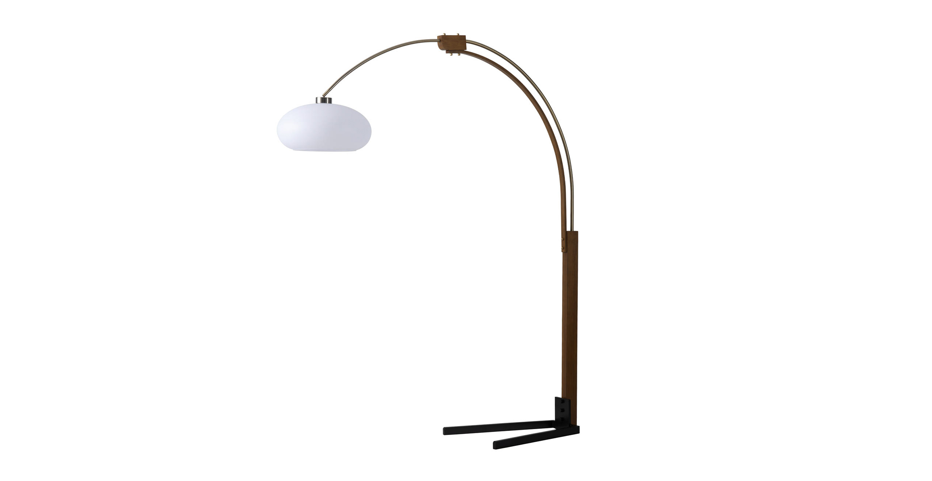 Morelli Arc Floor Lamp - 84", Satin Nickel & Black, Dimmer Switch, V-base - Steel Walnut and Weathered Brass