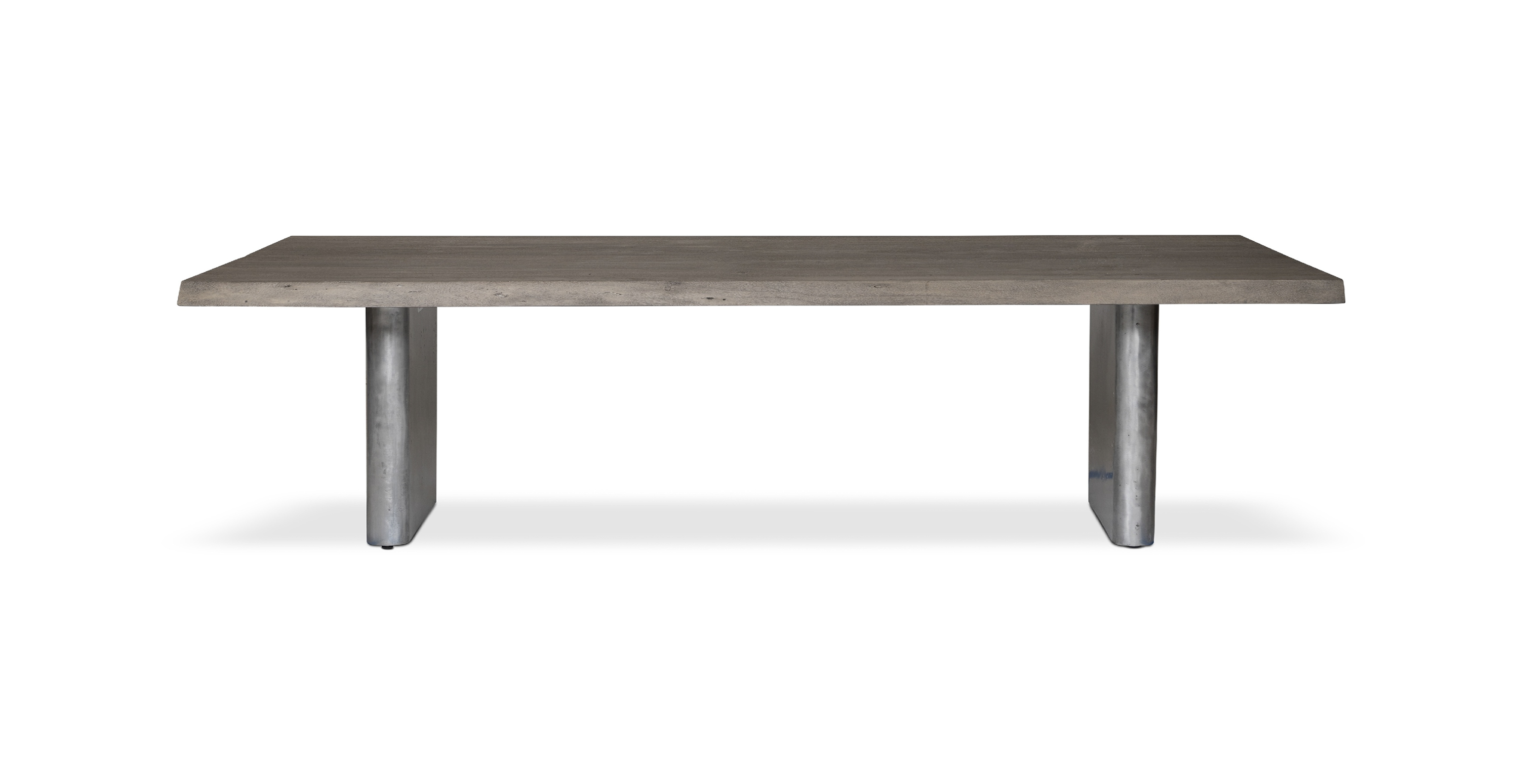 Flatbush Live Edge Hardwood Modern Dining Table -  WOOD TOP AND ANTIQUE NICKEL BASE Sandblasted Grey 116"
