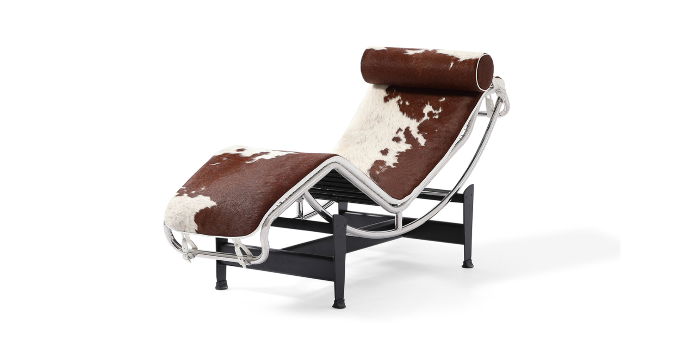 Le Corbusier Style Chaise Lounge -  Leather Brown and White Cowhide - Pony Pillow