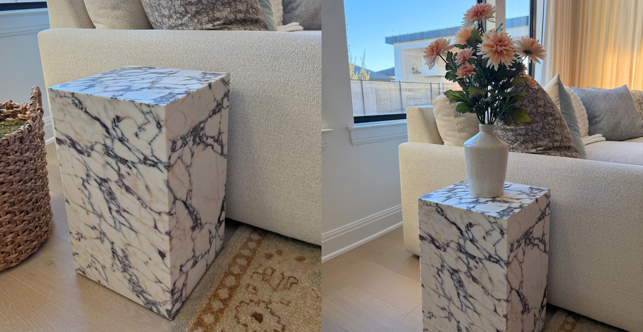 Copenhagen Marble Plinth Block Tall End Table - Accent Table - Marble Calacatta Viola