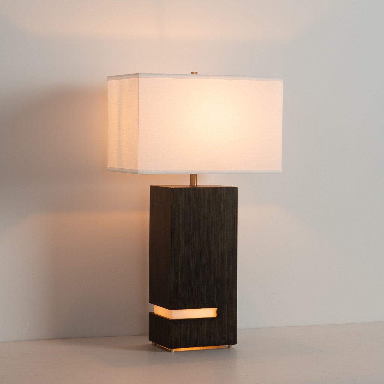 Zen Standing Table Lamp - Gilded Ebony Wood Finish, Weathered Brass, White Linen Shade -  Gilded