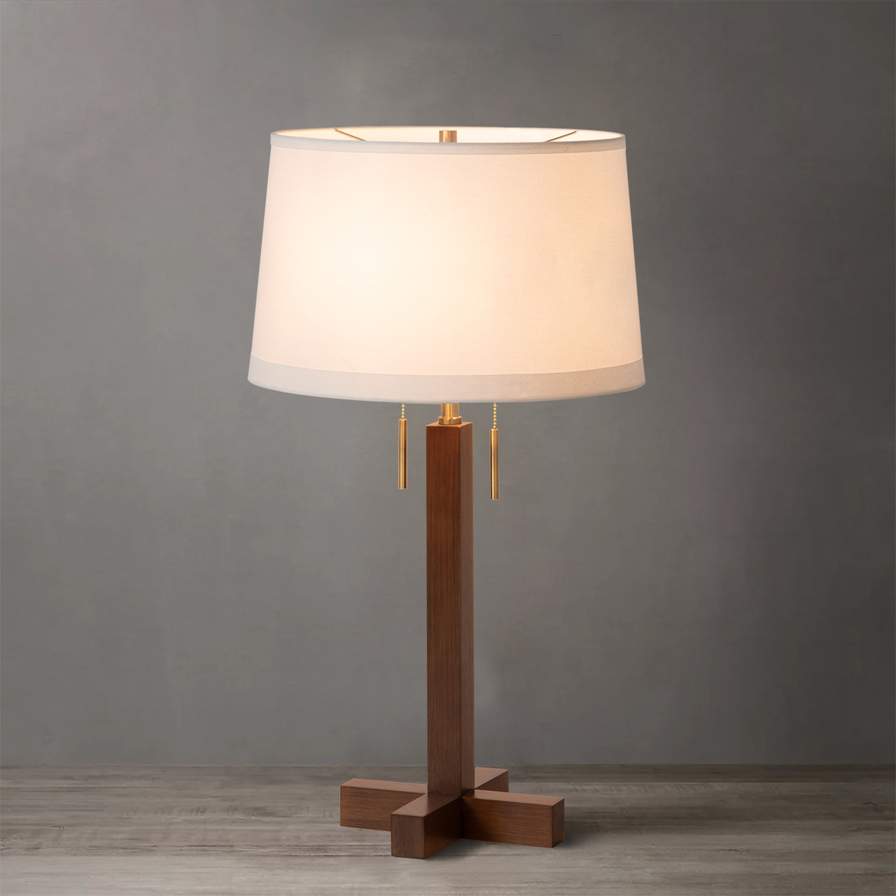 Swiss Cross Table Lamp - Dark Walnut Wood Finish, Weathered Brass, White Linen Shade -  Dark walnut